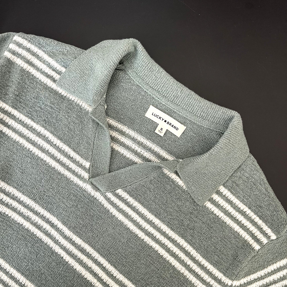 Lucky Brand Johnny Collar Polo Sweater Mens XL Green Striped Knit Retro NWT